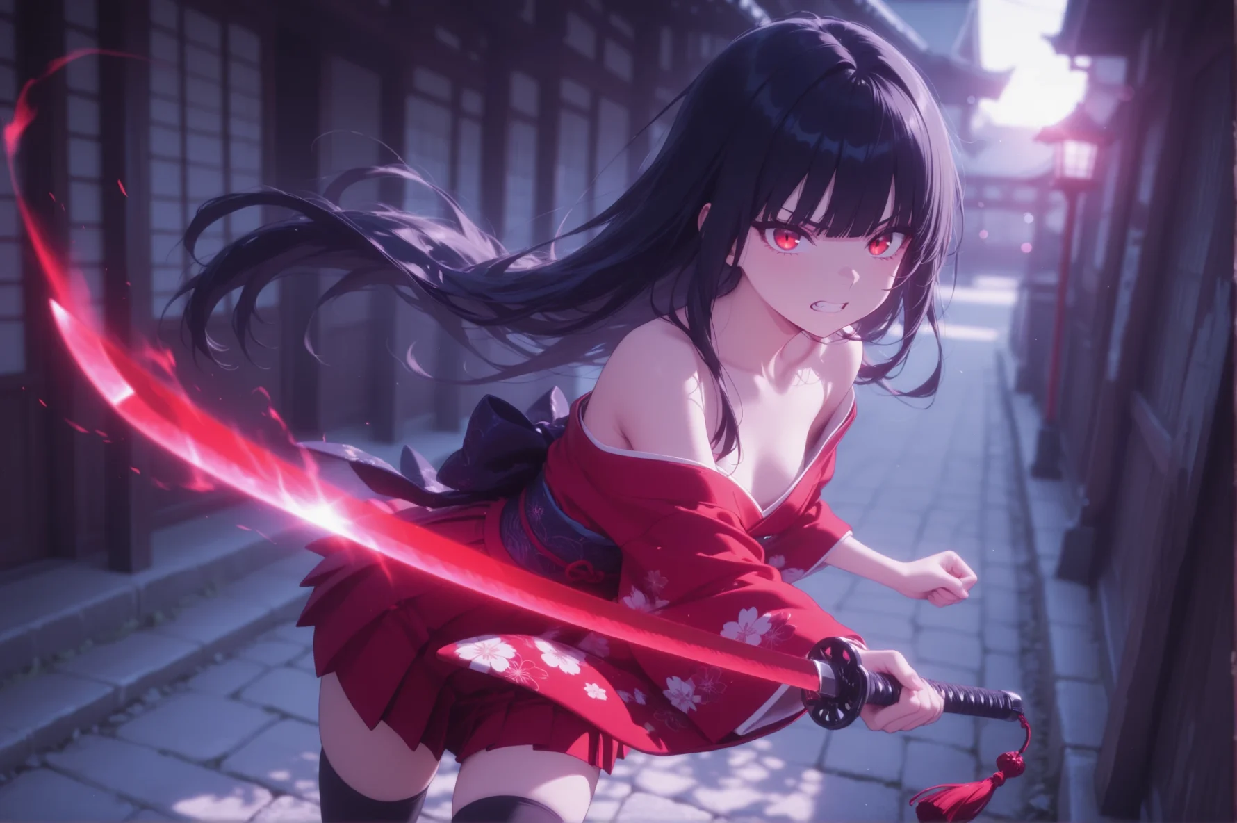 1girl, teenager, straight bangs, long black hair, fluttering hair, sharp red eyes, serious, clenched teeth, kimono, off-shoulder, holding katana, dynamic pose, fluttering clothes, zettai ryouiki, foreshortening, backlighting, cinematic lighting, blurry background, bokeh